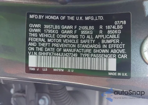 2018 Honda Civic Sport из США, поврежденный, VIN SHHFK7H44JU427249